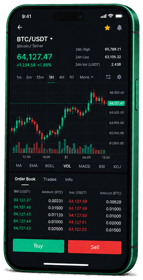 Laurastar mobile trading platform — live BTC/USDT chart, order book and buy/sell interface